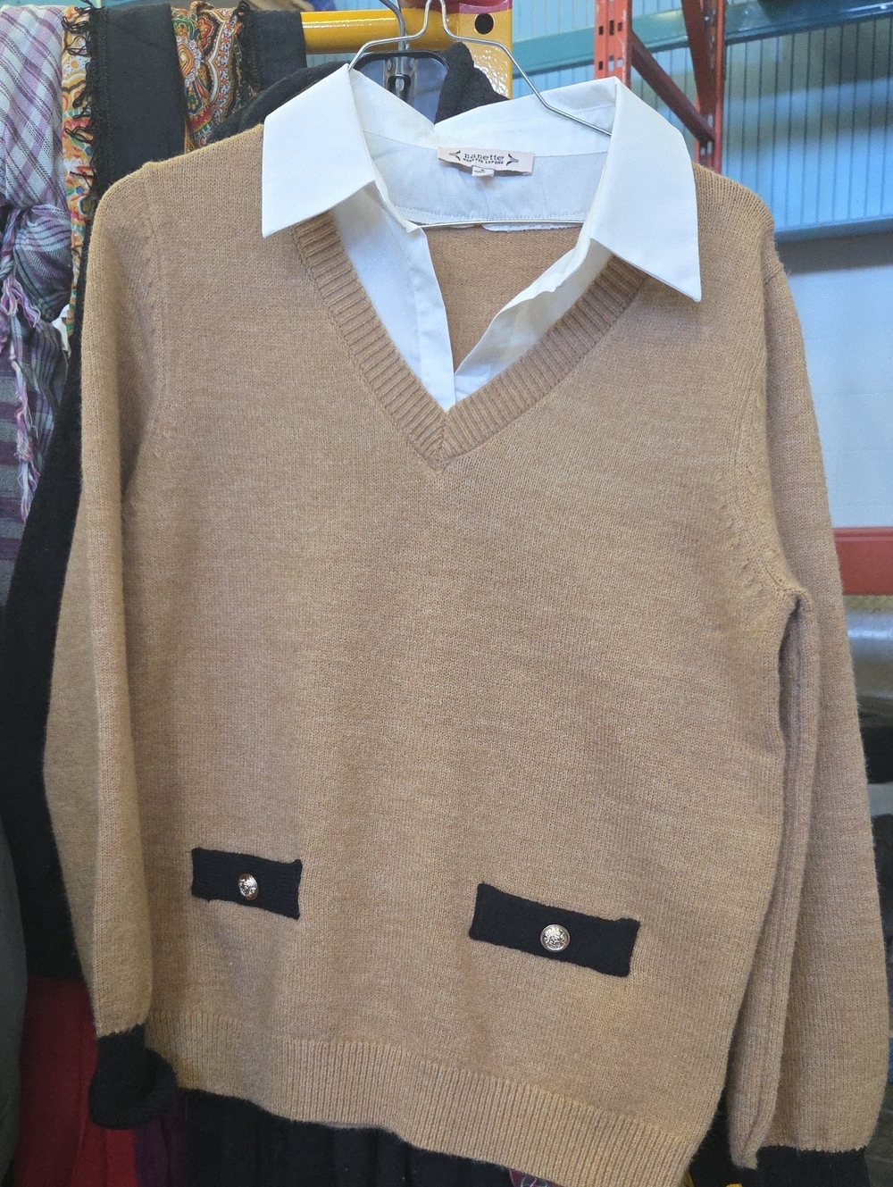 Nanette Lepore Camel V-Neck Sweater with Black Trim